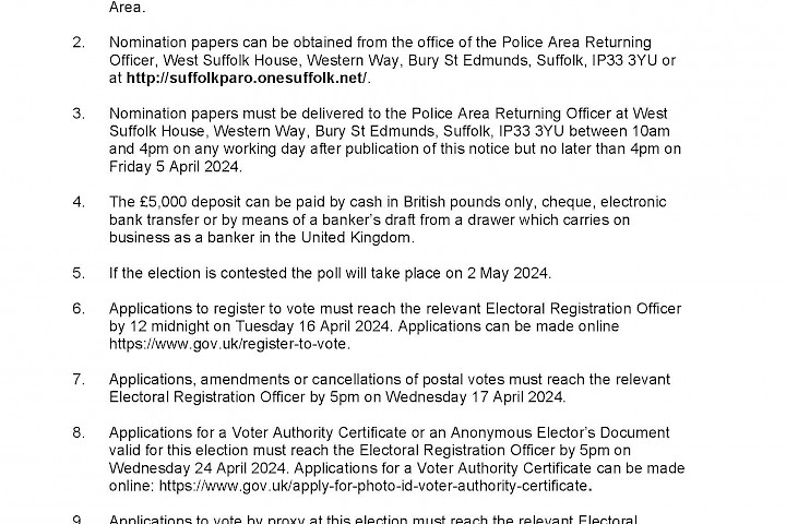 Notice of Election - Election of a Police and Crime Commissioner for the Suffolk Police Area image
