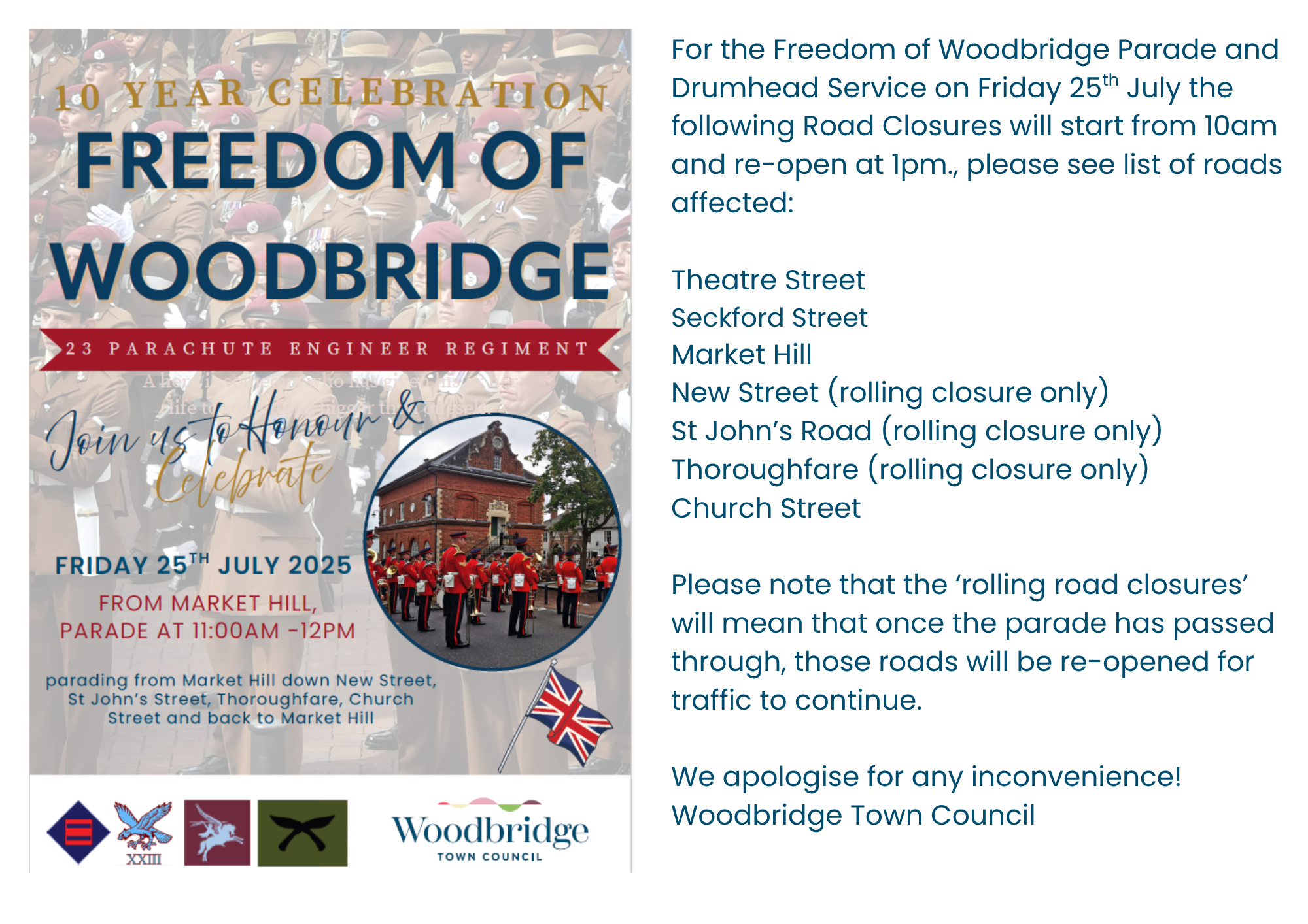 Freedom of Woodbridge Parade Road Closure Information 2025 image